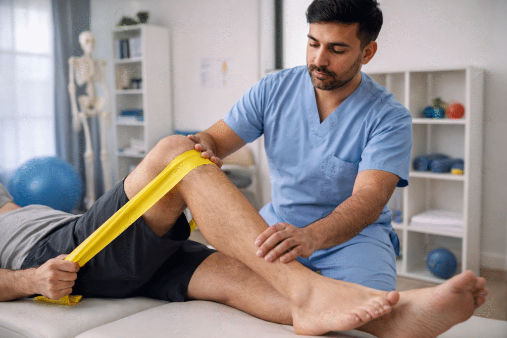 Image of a physiotherapist treating Knee pain with theraband