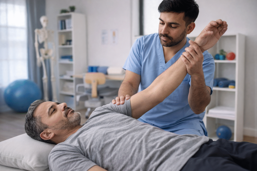 Physiotherapist treating shoulder pain