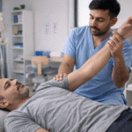 Physiotherapist treating shoulder pain